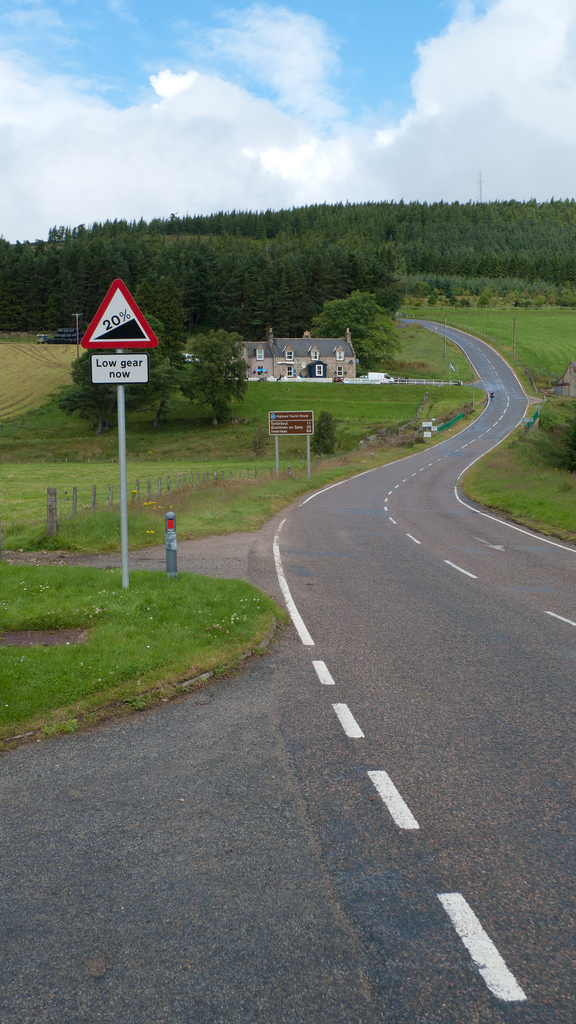 Cock Bridge - Start of the real climb to Lecht. The sign isn't accurate, some of the gradients are over 26%.